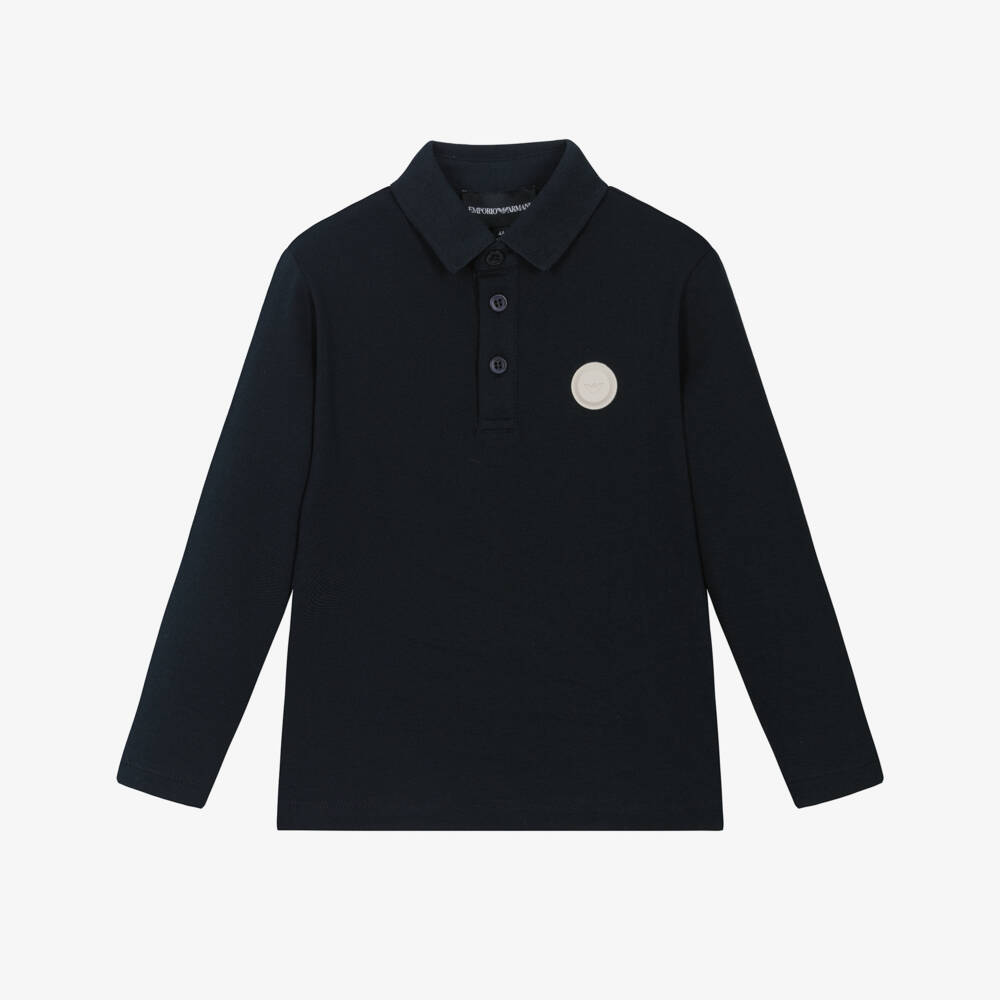 Emporio Armani-Boys Navy Blue Long-Sleeved Cotton Piqué Polo Shirt | Childrensalon Outlet