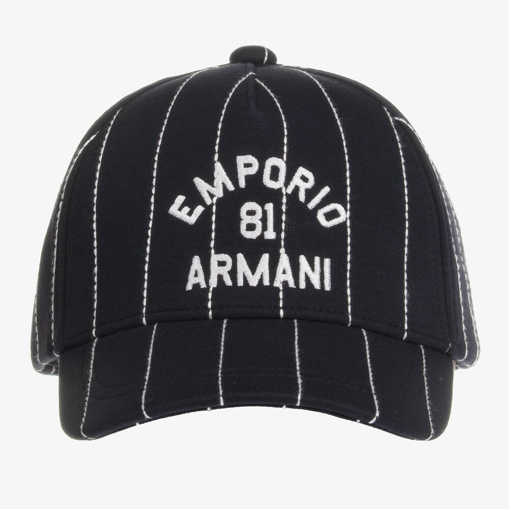 Emporio Armani-Boys Navy Blue Pin Stripe Logo Cap | Childrensalon Outlet
