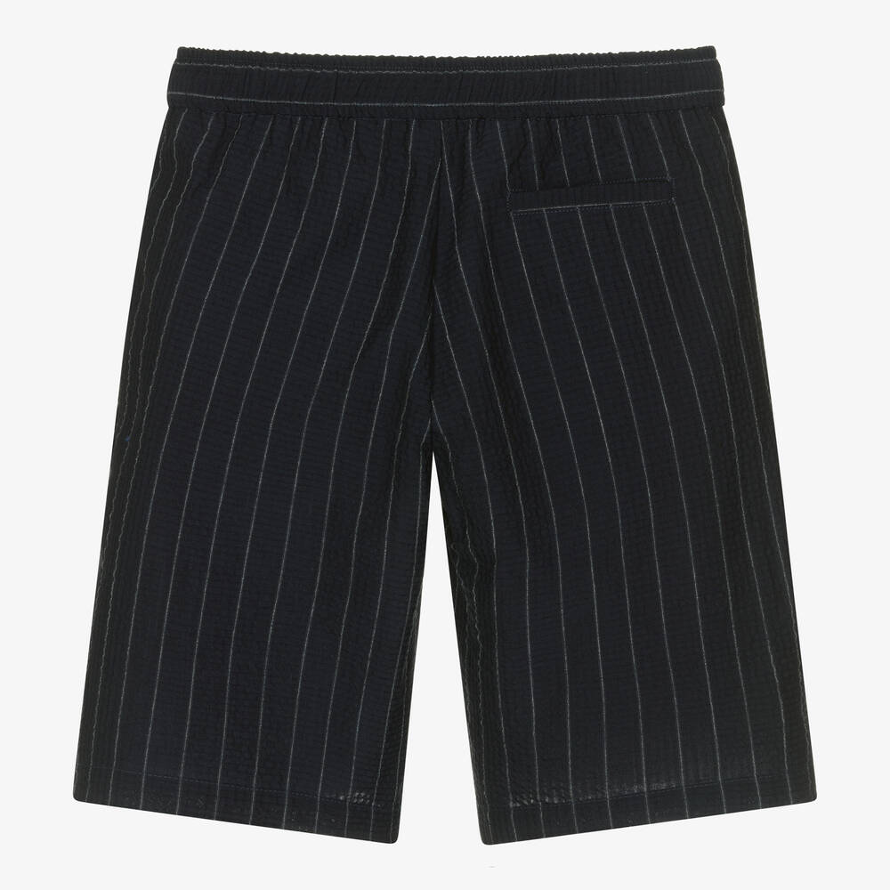 Emporio Armani-Boys Navy Blue Pin Stripe Wool Shorts | Childrensalon Outlet
