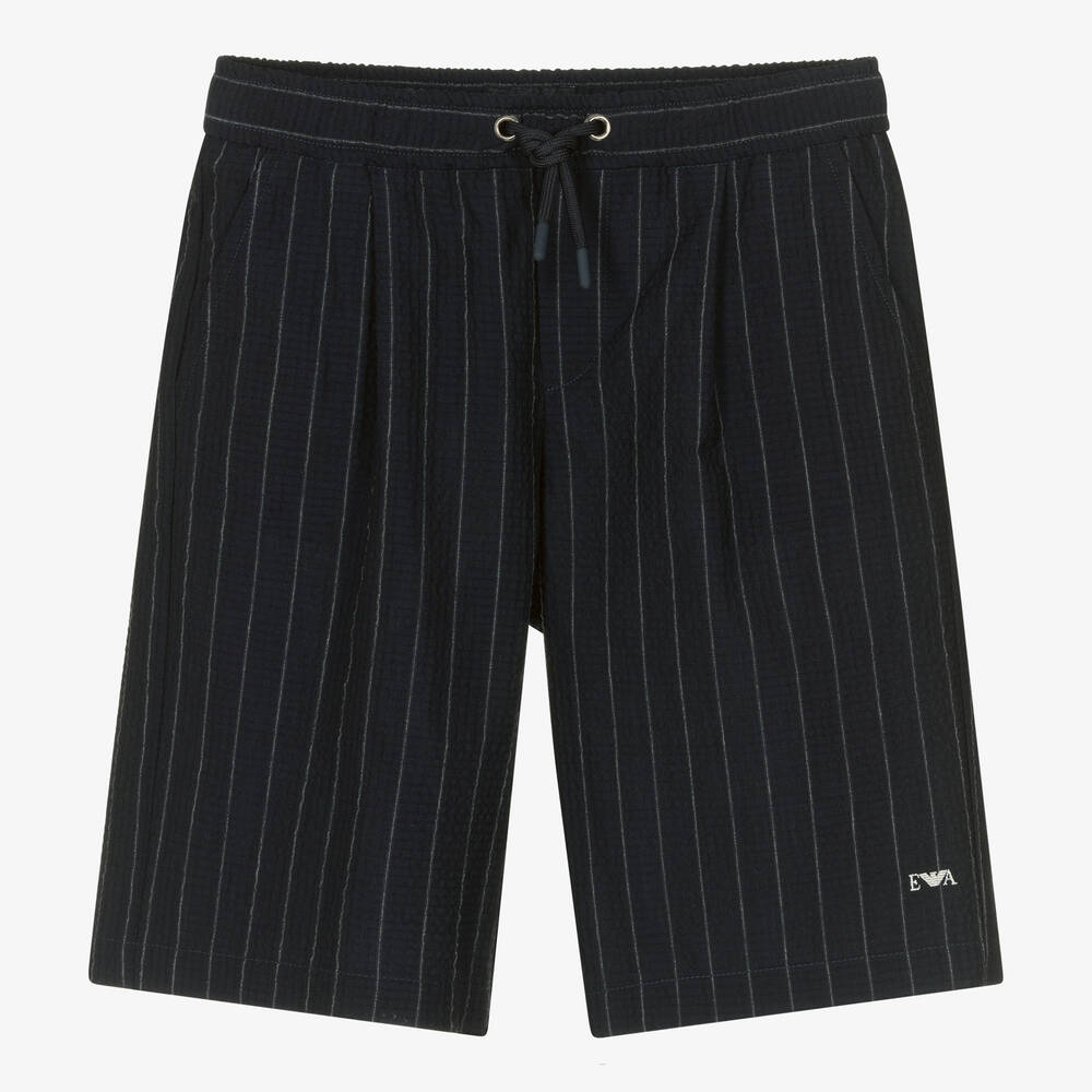 Emporio Armani - Boys Navy Blue Pin Stripe Wool Shorts | Childrensalon