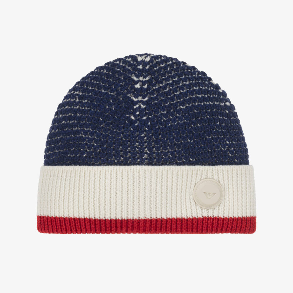 Emporio Armani-Boys Navy Blue & Red Chunky Knit Hat | Childrensalon Outlet