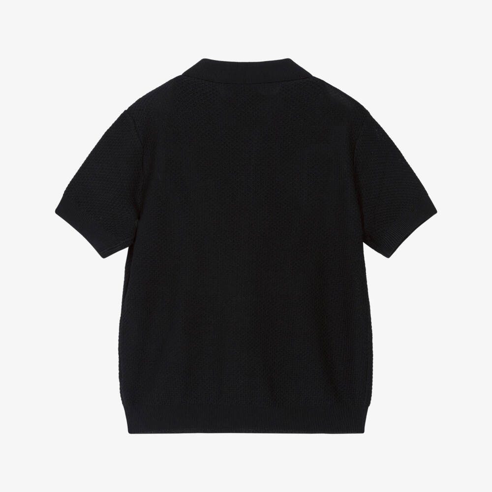 Emporio Armani-Boys Navy Blue Textured Knit Polo Shirt | Childrensalon Outlet