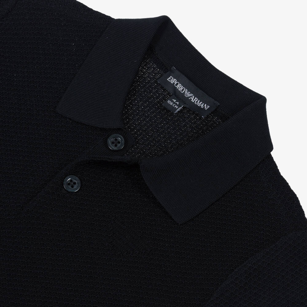 Emporio Armani-Boys Navy Blue Textured Knit Polo Shirt | Childrensalon Outlet