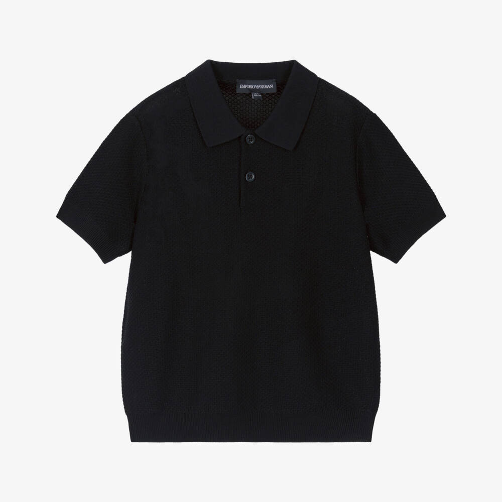 Emporio Armani-Boys Navy Blue Textured Knit Polo Shirt | Childrensalon Outlet
