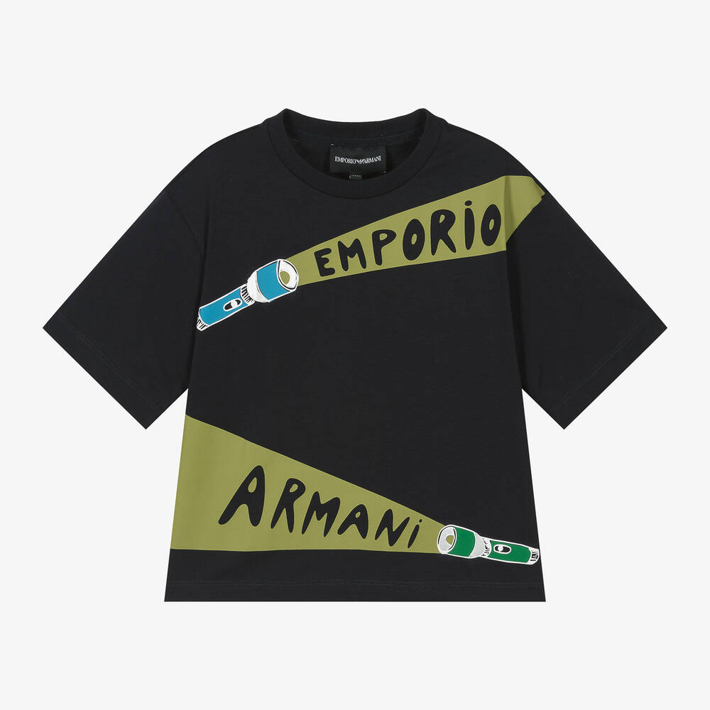 Emporio Armani-Boys Navy Blue Torch Print T-Shirt | Childrensalon Outlet