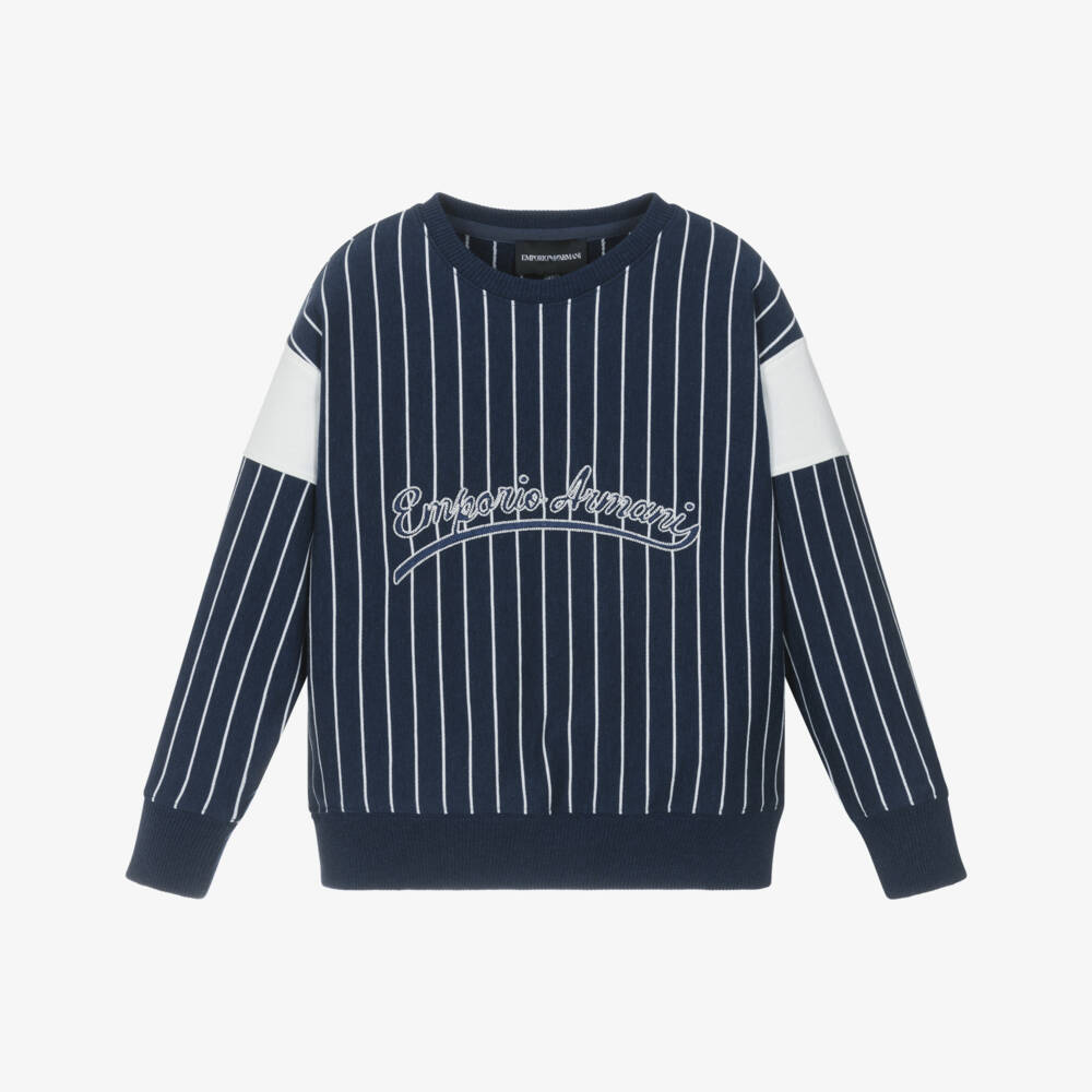 Emporio Armani-Boys Navy Blue & White Stripe Cotton Sweatshirt | Childrensalon Outlet