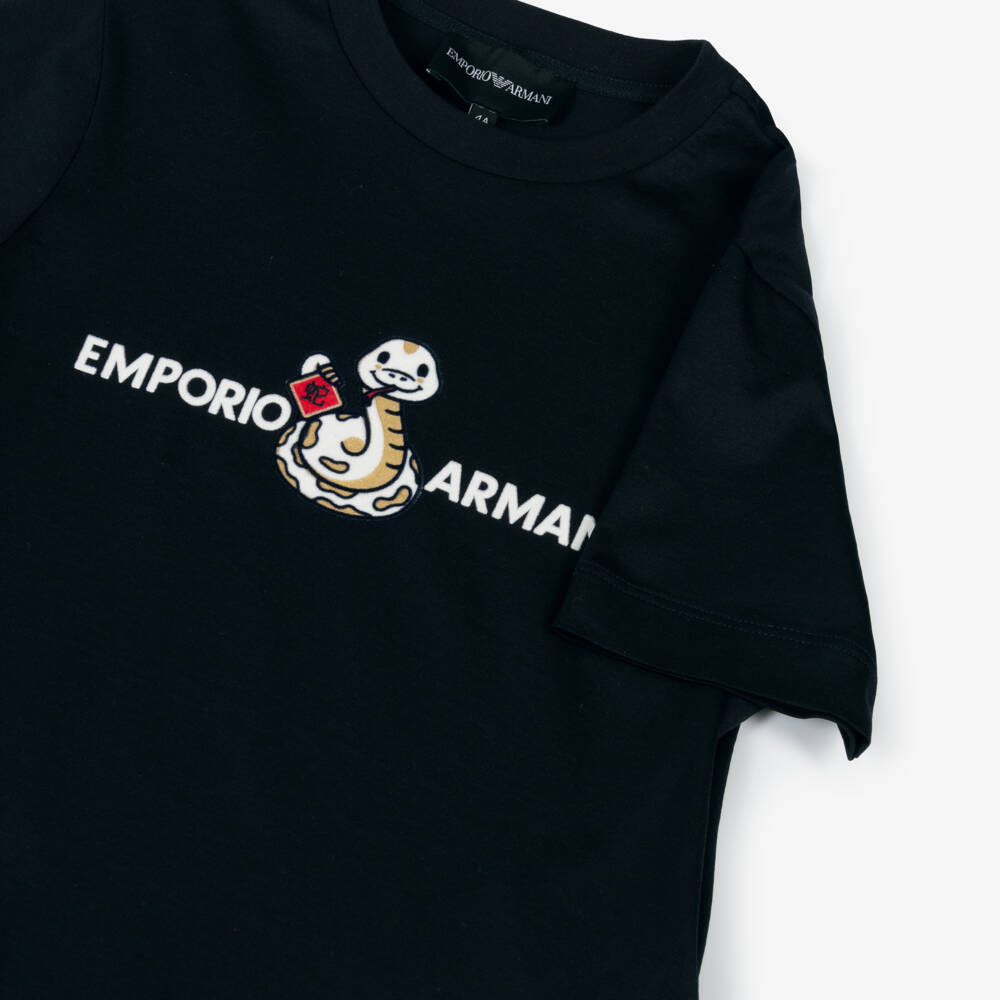 Emporio Armani-Праздничная футболка синий с змеей для мальчиков | Childrensalon Outlet