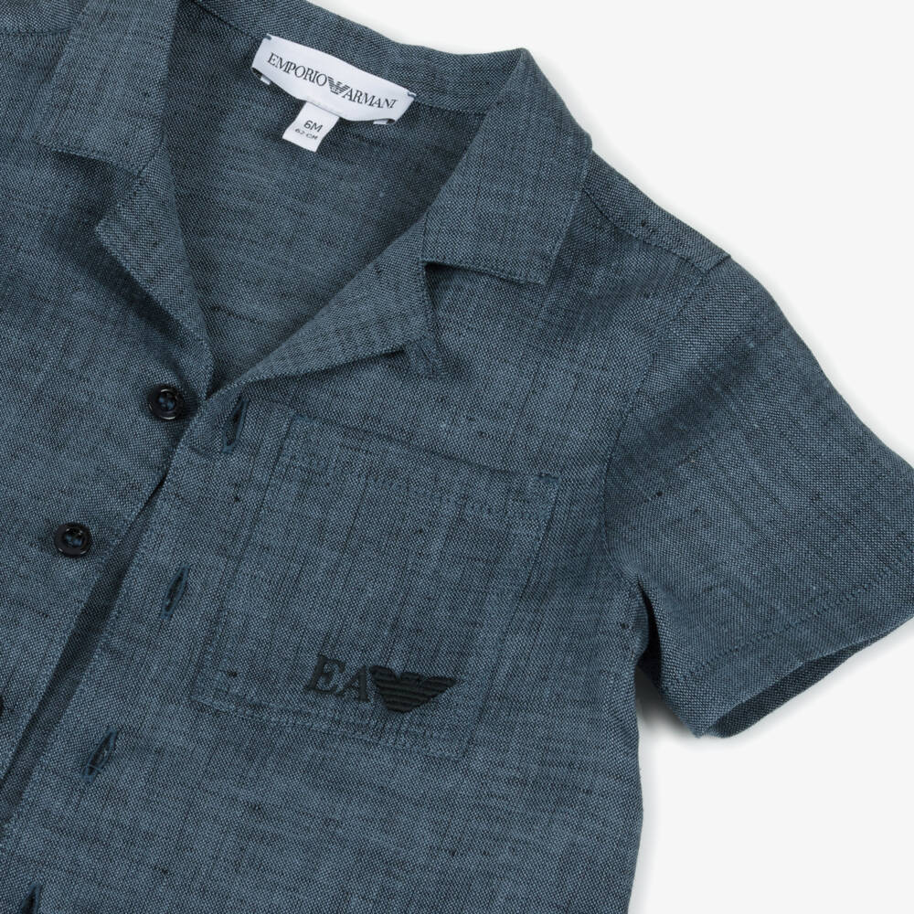Emporio Armani-Boys Navy Linen Button-Up Shirt | Childrensalon Outlet