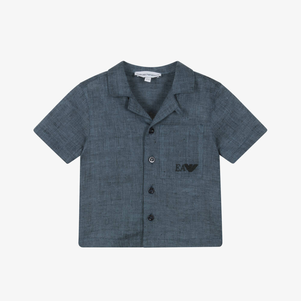 Emporio Armani-قميص كتان أزرق داكن للأولاد بأزرار | Childrensalon Outlet