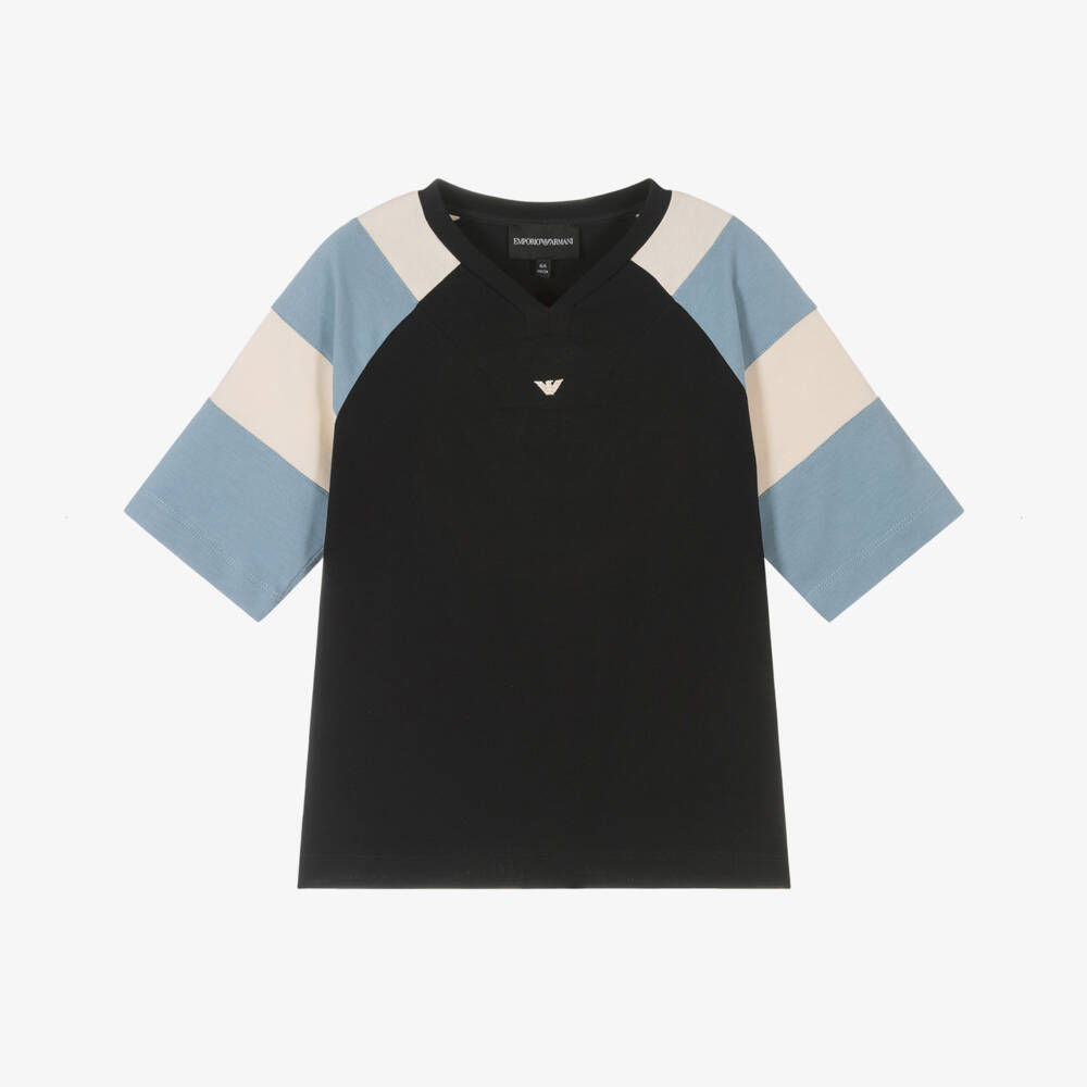 Emporio Armani-تيشيرت قطن مخطط باللون الكحلي للأولاد | Childrensalon Outlet