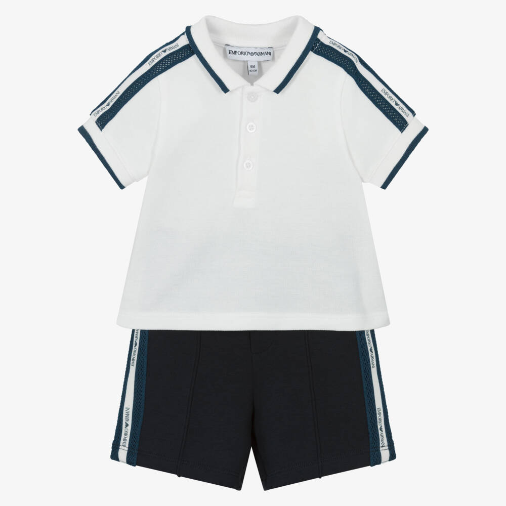 Emporio Armani-Комплект рубашка поло и шорты синий и белый для мальчиков | Childrensalon Outlet
