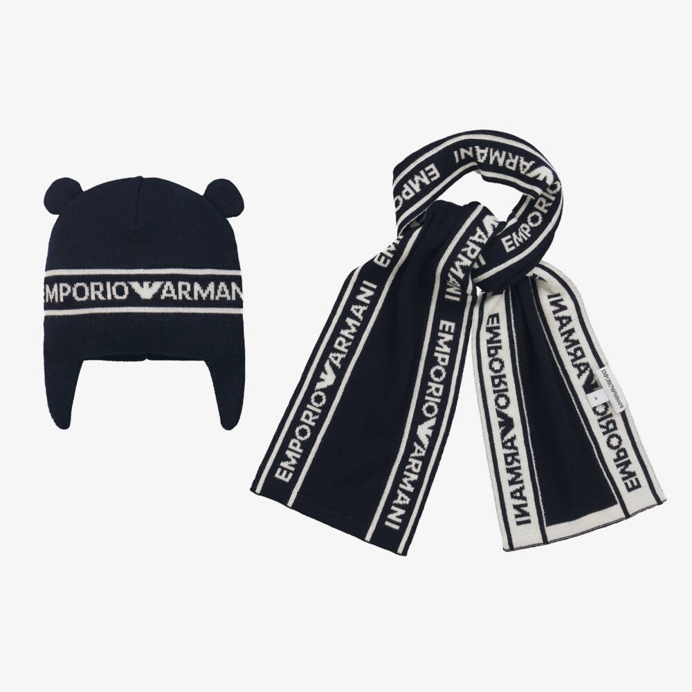 Emporio Armani-Boys Navy Wool Hat and Scarf Set | Childrensalon Outlet