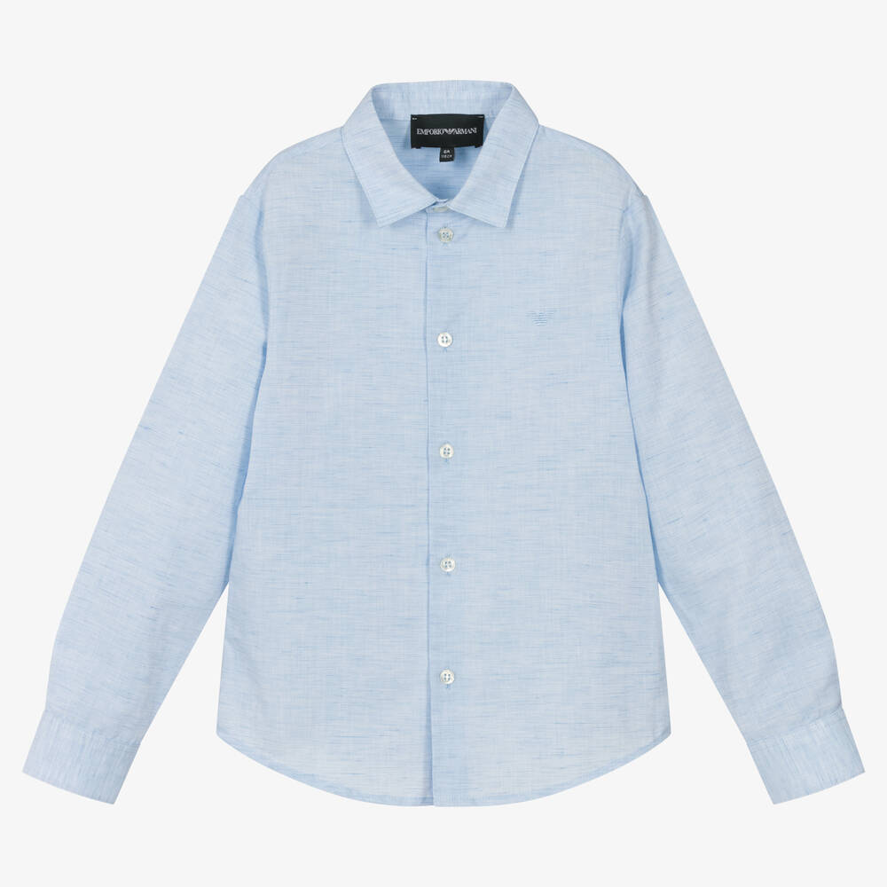 Emporio Armani - قميص قطن وكتان لون أزرق فاتح للأولاد | Childrensalon