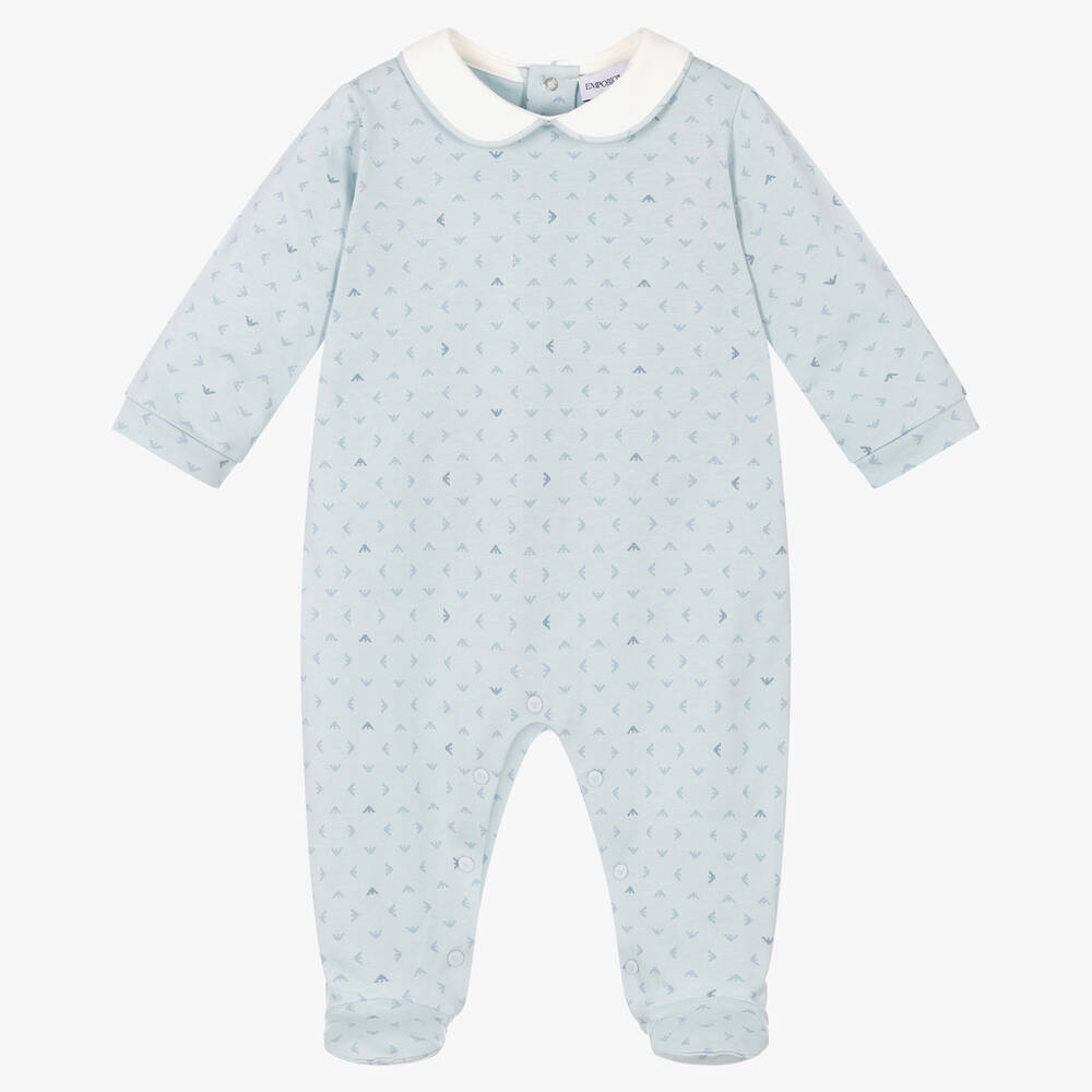 Emporio Armani - Boys Pale Blue Cotton Logo Babygrow | Childrensalon