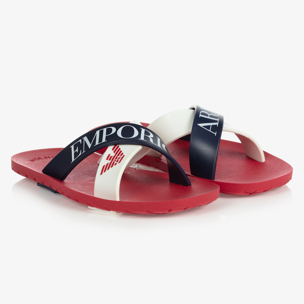 Emporio Armani - Boys Red & Blue Logo Sliders | Childrensalon