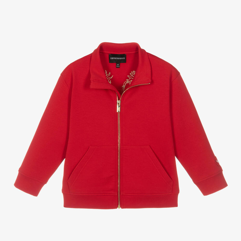 Emporio Armani-توب بسحّاب قطن جيرسي لون أحمر للأولاد | Childrensalon Outlet