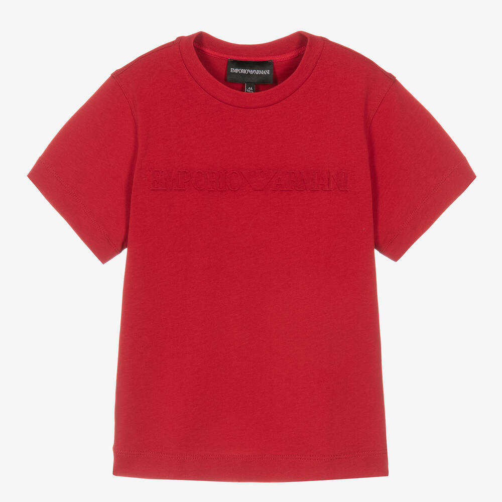 Emporio Armani - Boys Red Cotton Embossed Logo T-Shirt | Childrensalon