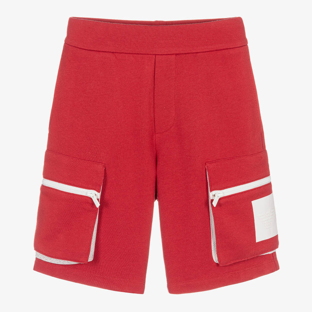 Emporio Armani - Boys Red Cotton Logo Shorts | Childrensalon