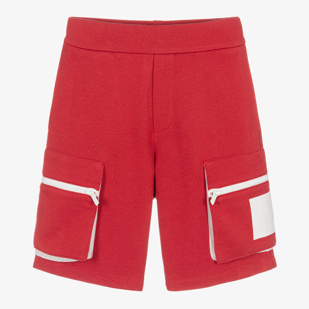 Emporio Armani-Boys Red Cotton Logo Shorts | Childrensalon Outlet