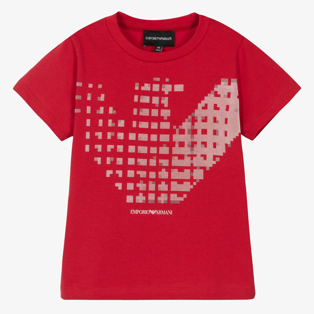 Emporio Armani - Boys Red Cotton Pixel Eagle T-Shirt | Childrensalon