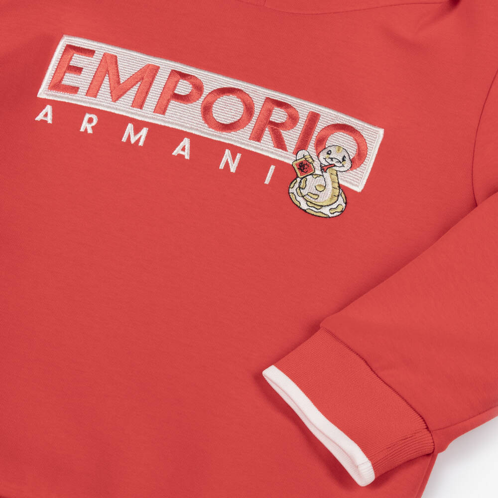 Emporio Armani-Boys Red Serpentine Embroidered Hoodie | Childrensalon Outlet