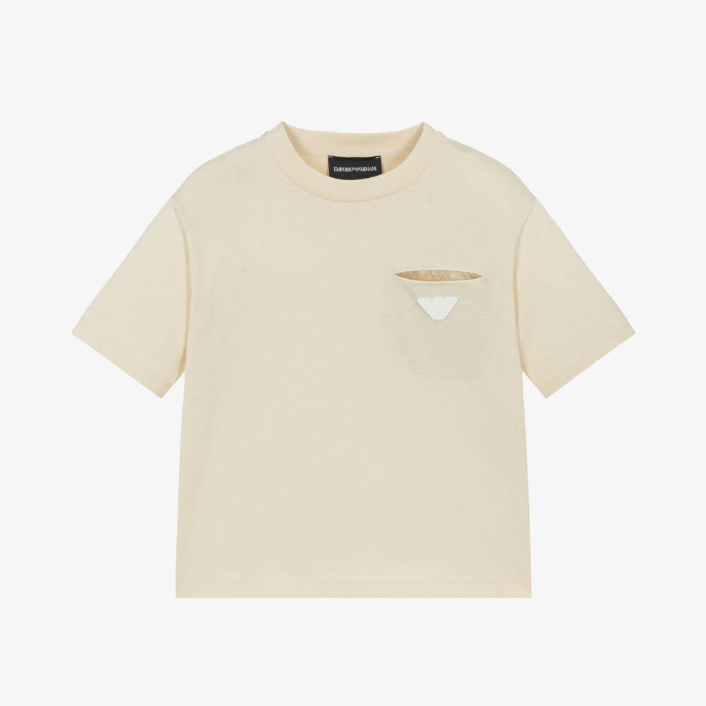 Emporio Armani-Мягкая бежевая хлопковая футболка для мальчиков | Childrensalon Outlet