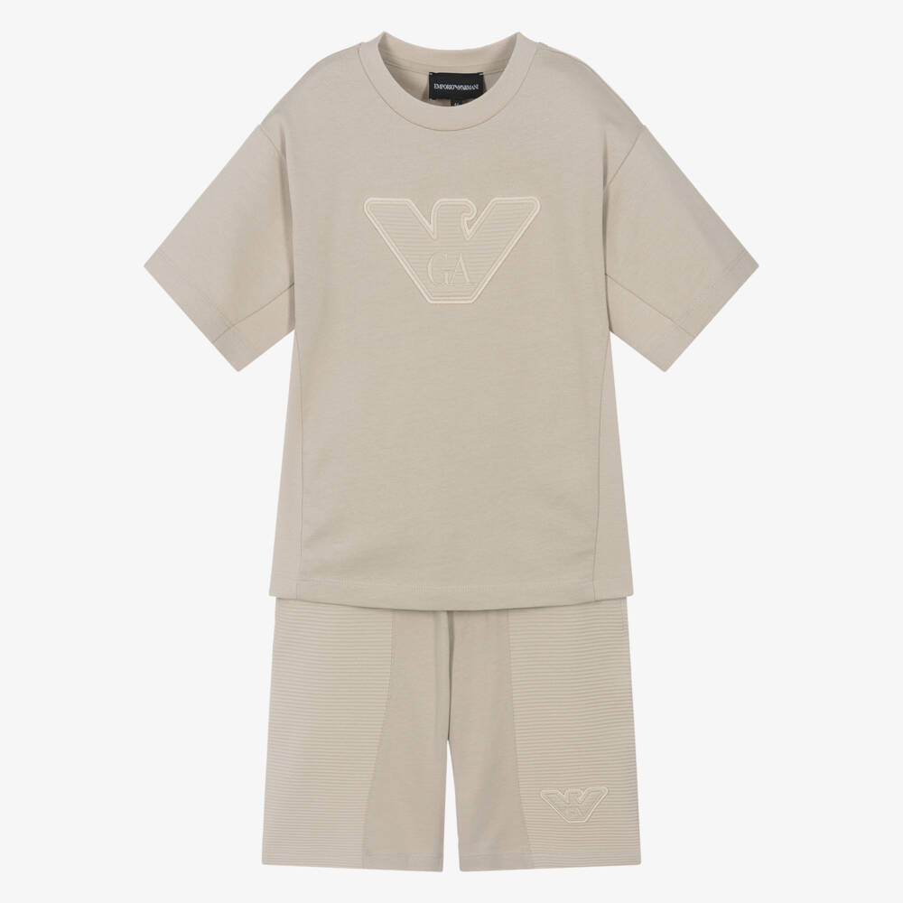 Emporio Armani-طقم ناعم بيج بنقشة النسر للأولاد | Childrensalon Outlet