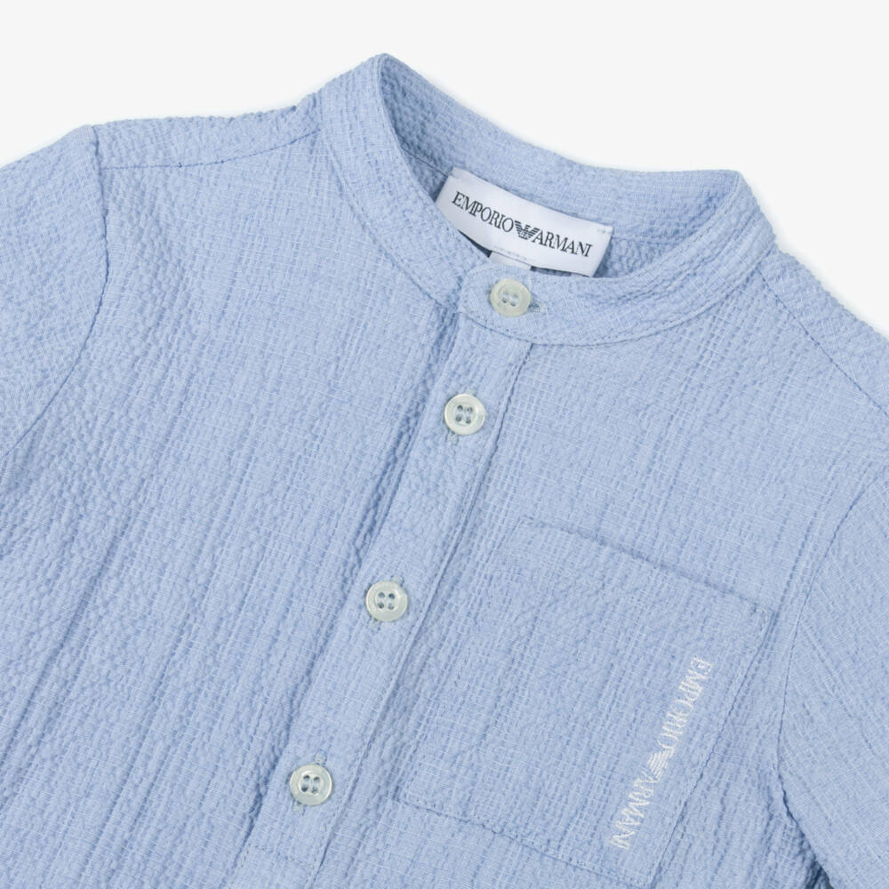 Emporio Armani-Мягкая голубая рубашка из сеерсакера для мальчиков | Childrensalon Outlet