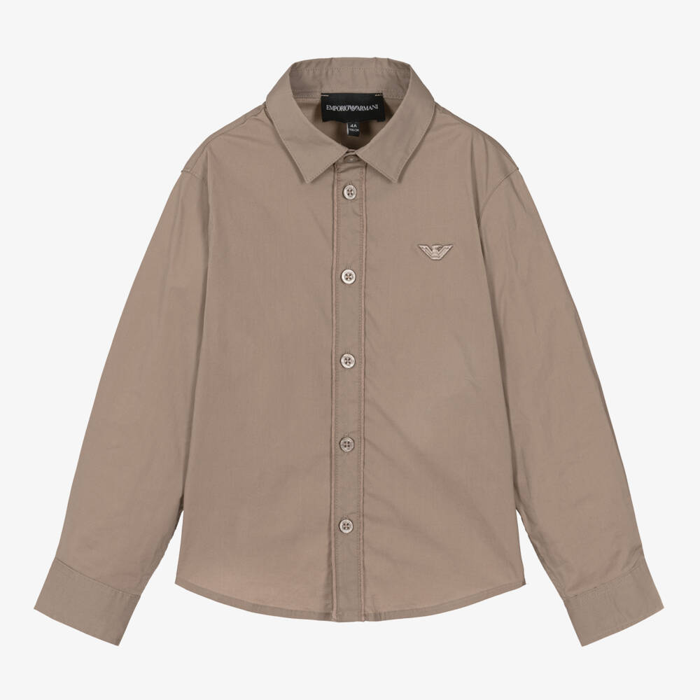 Emporio Armani-Boys Taupe Cotton Poplin Shirt | Childrensalon Outlet