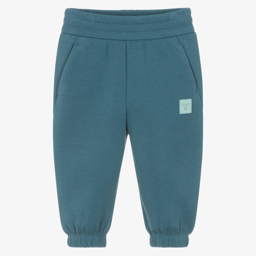 Emporio Armani-Boys Teal Blue Joggers with Rubberised Logo | Childrensalon Outlet