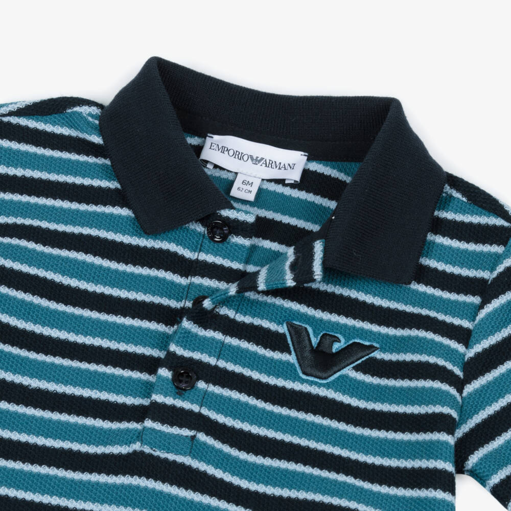 Emporio Armani-Boys Teal & Navy Blue Striped Piqué Polo Shirt with Eagle Logo | Childrensalon Outlet