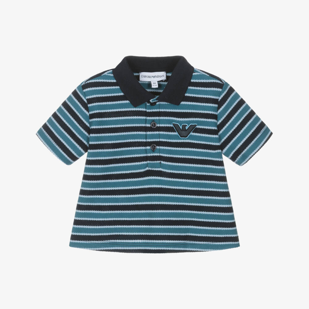 Emporio Armani-Boys Teal & Navy Blue Striped Piqué Polo Shirt with Eagle Logo | Childrensalon Outlet