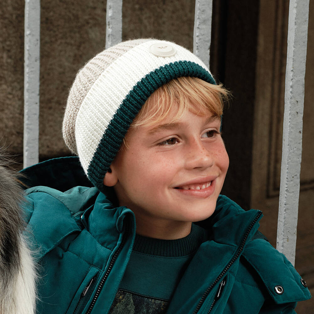 Emporio Armani-Boys Waffle-Knit Beige Beanie | Childrensalon Outlet