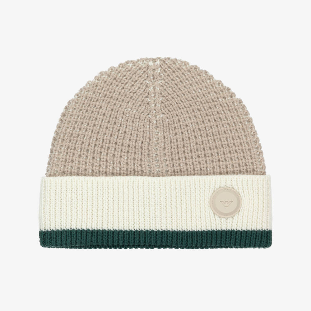 Emporio Armani-Boys Waffle-Knit Beige Beanie | Childrensalon Outlet