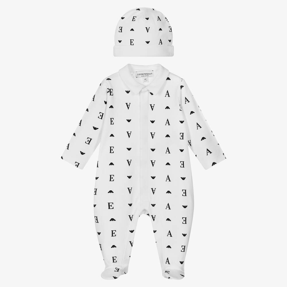 Emporio Armani - Boys White Babygrow & Hat Set | Childrensalon