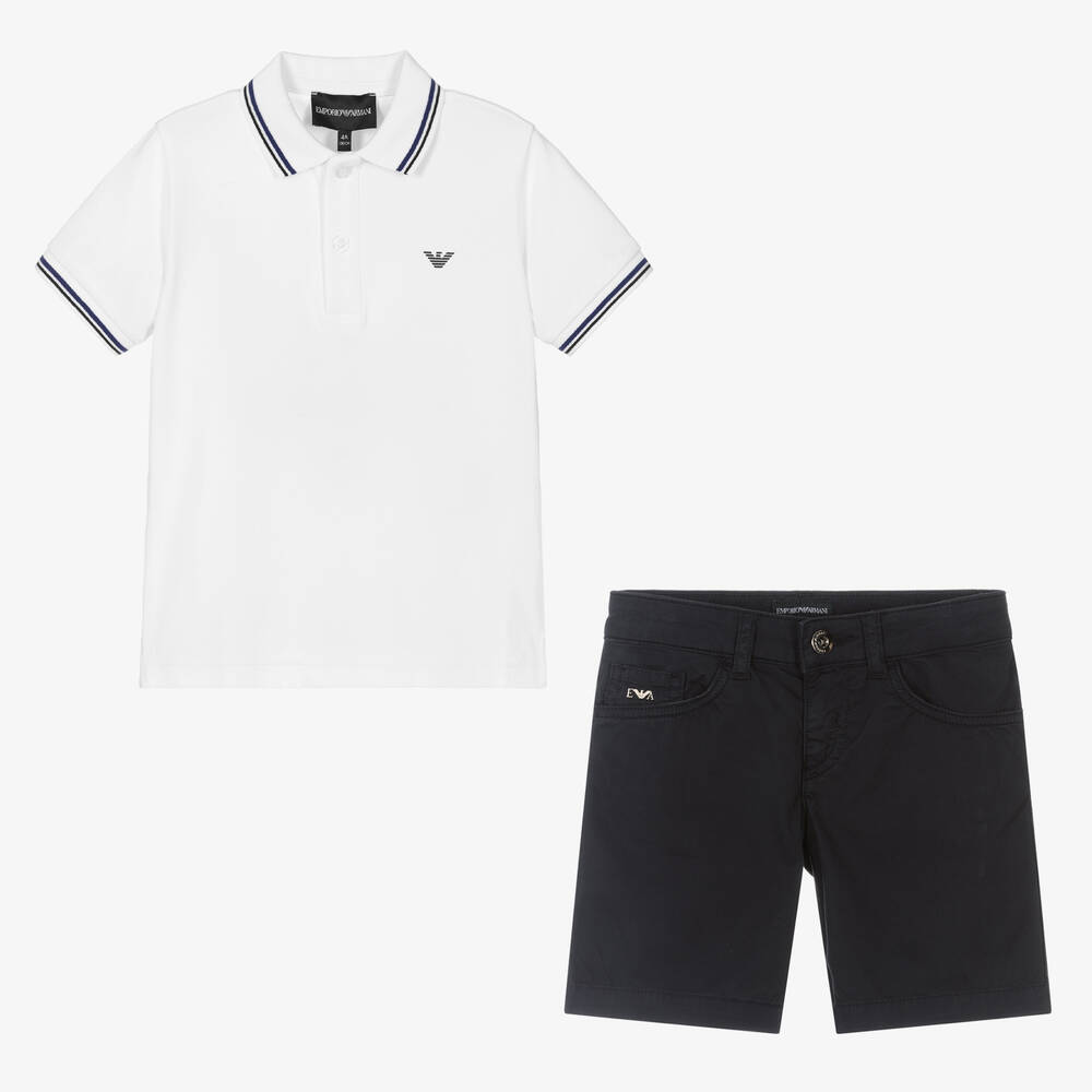 Emporio Armani - Baumwoll-Top & Shorts Set Weiß/Blau | Childrensalon