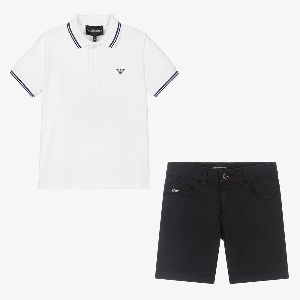 Emporio Armani-Белая рубашка и синие шорты из хлопка | Childrensalon Outlet