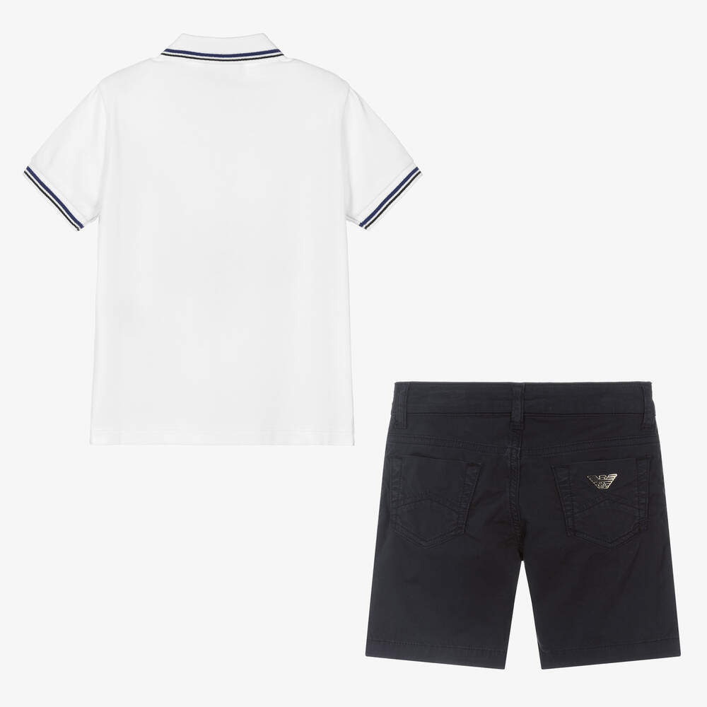 Emporio Armani-Boys White & Blue Cotton Shorts Set | Childrensalon Outlet