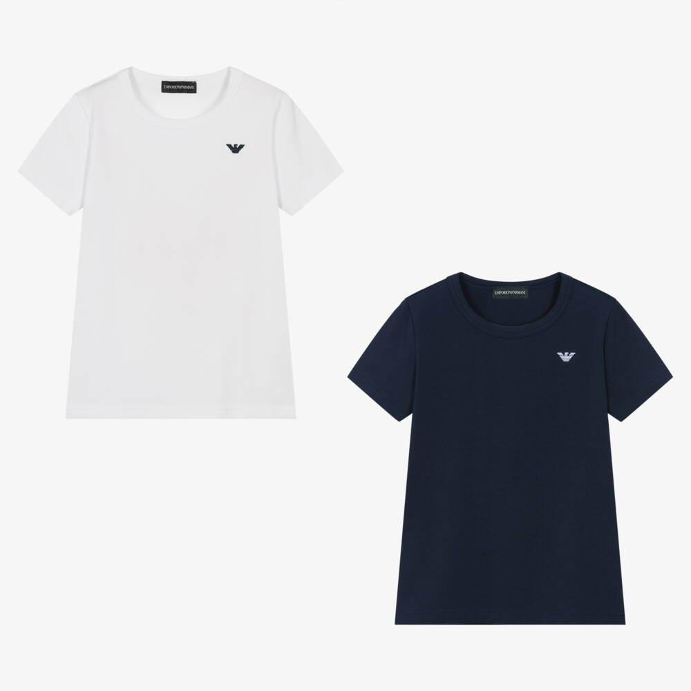 Emporio Armani-Boys White & Blue Cotton T-Shirts (2 Pack) | Childrensalon Outlet
