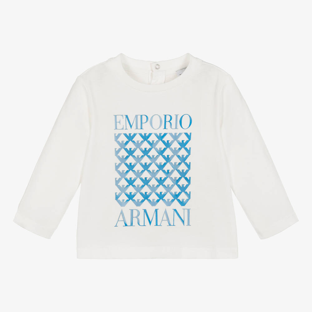 Emporio Armani - توب أطفال ولادي قطن لون أبيض وأزرق | Childrensalon