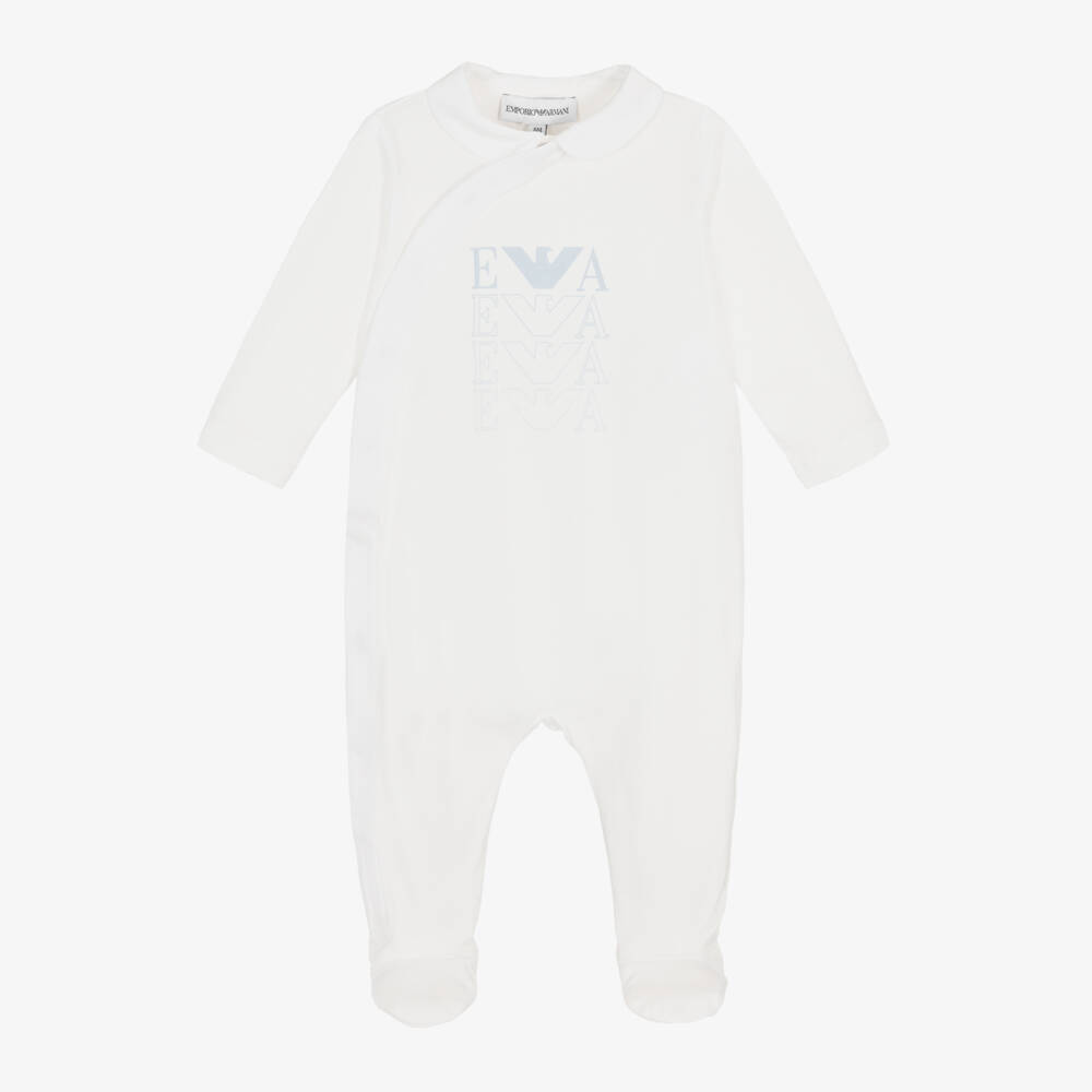 Emporio Armani-Boys White & Blue Logo Romper | Childrensalon Outlet