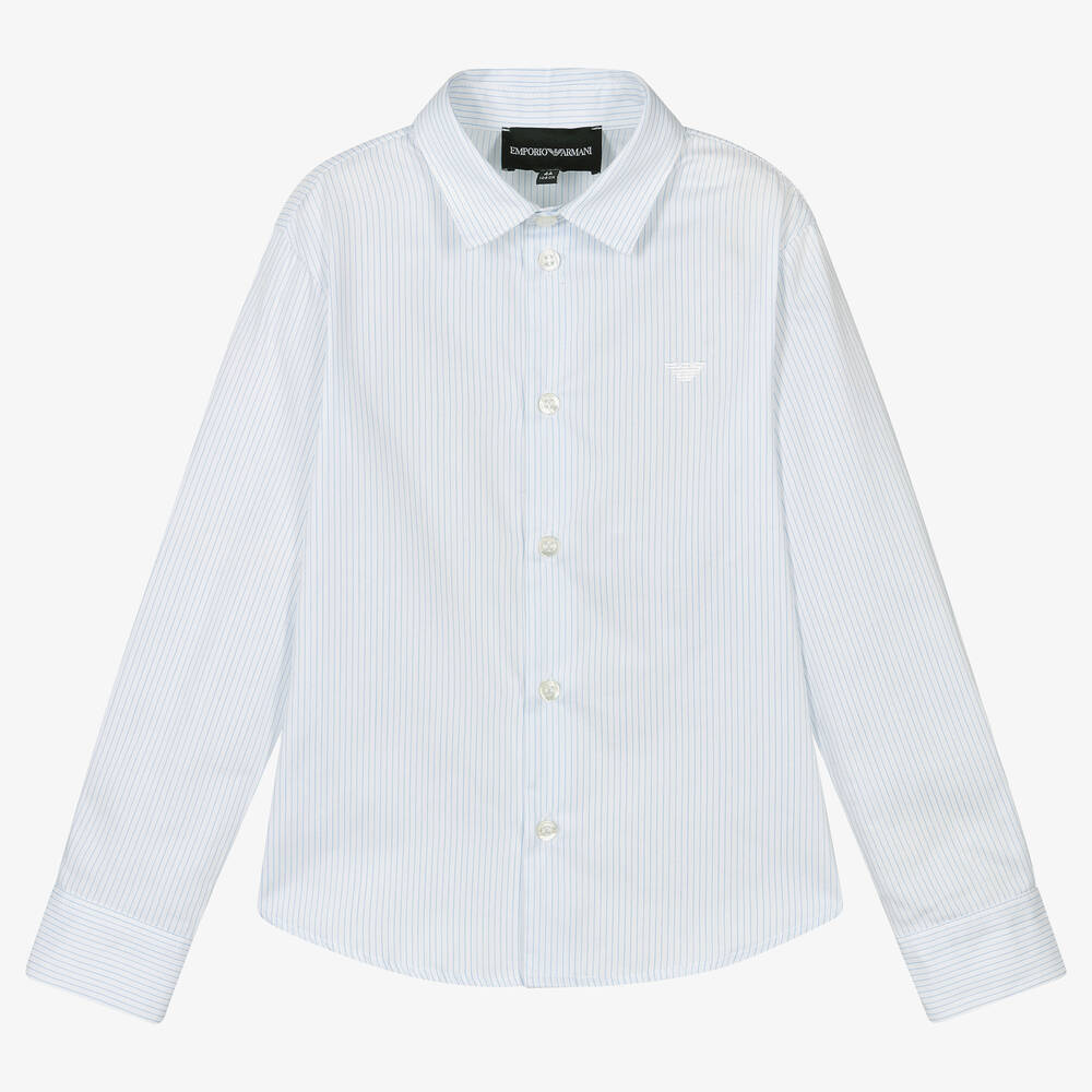 Emporio Armani - قميص قطن بوبلين لون أبيض وأزرق للأولاد | Childrensalon