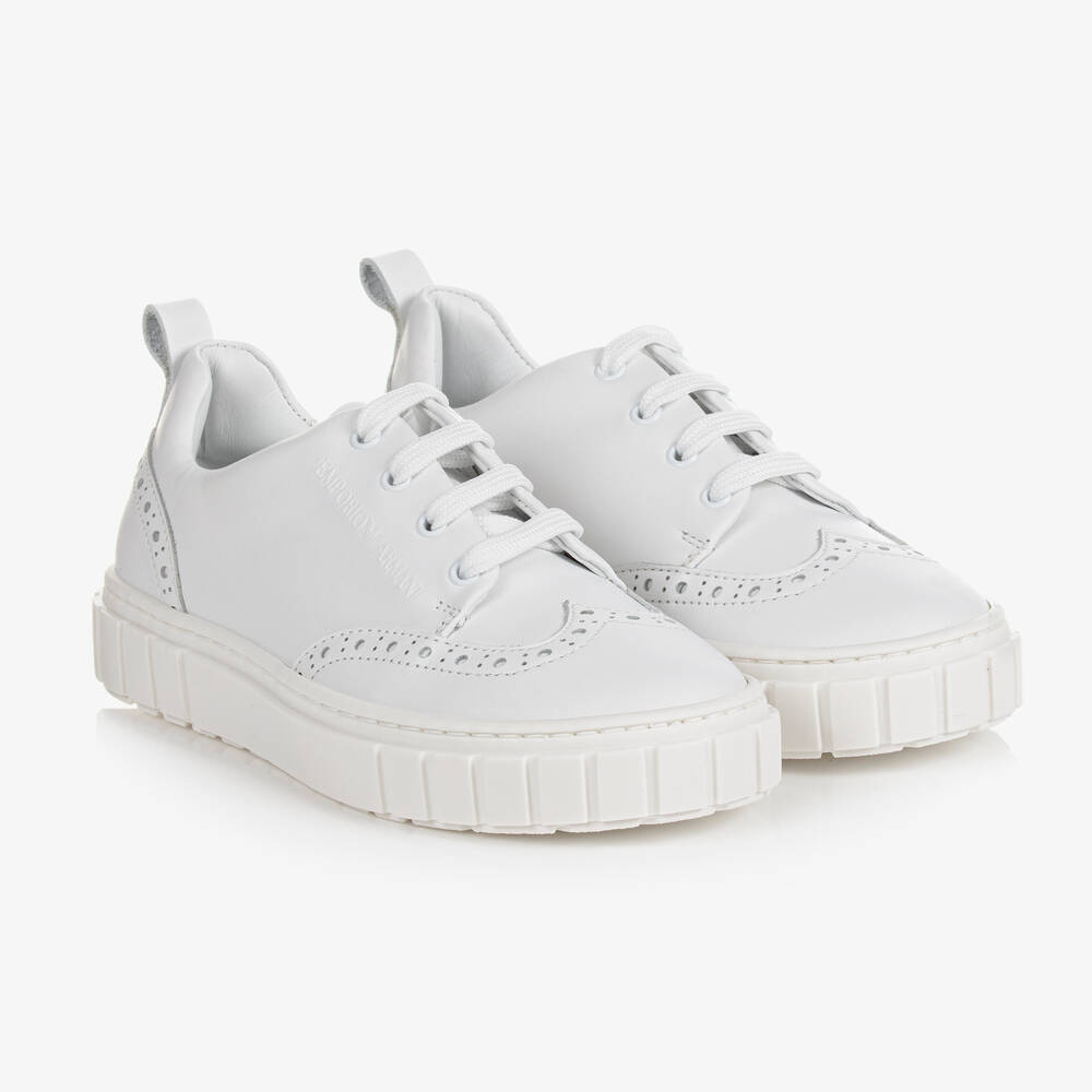 Emporio Armani - Boys White Brogue Leather Trainers | Childrensalon