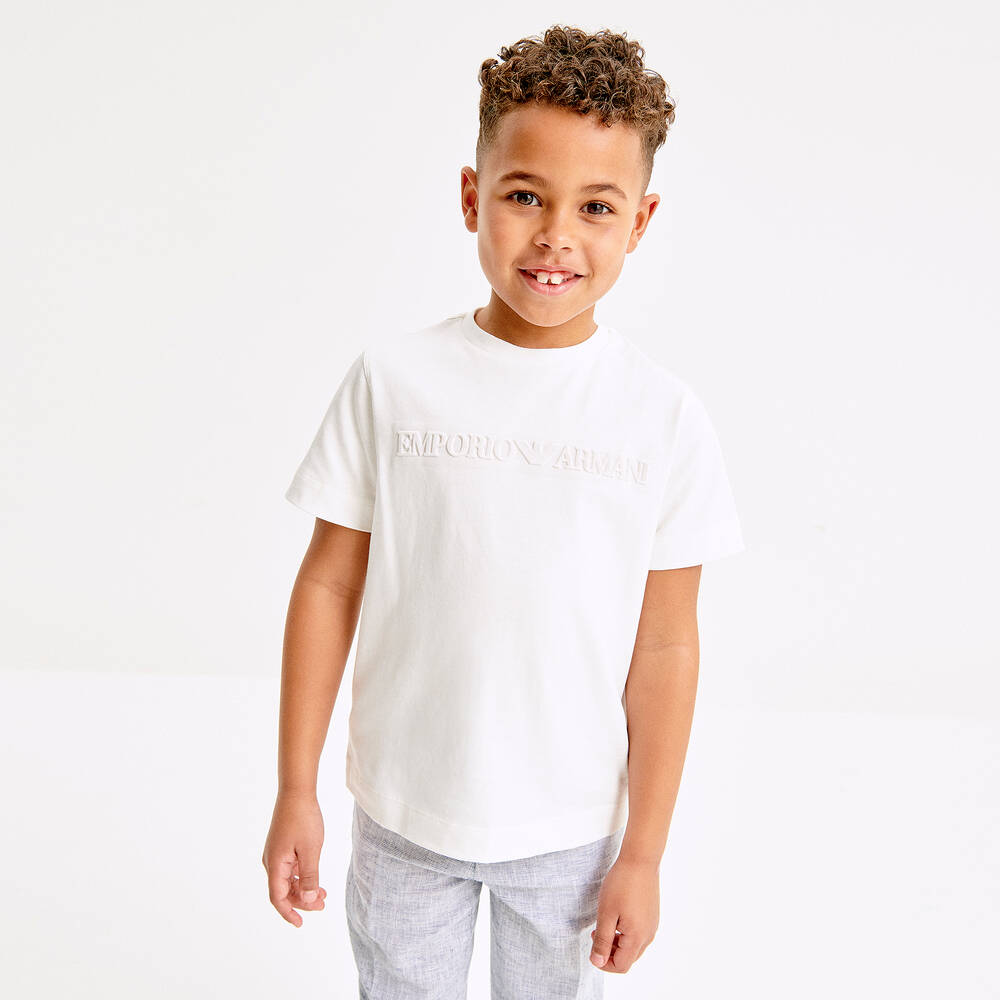 Emporio Armani Boys White Cotton Embossed Logo T Shirt
