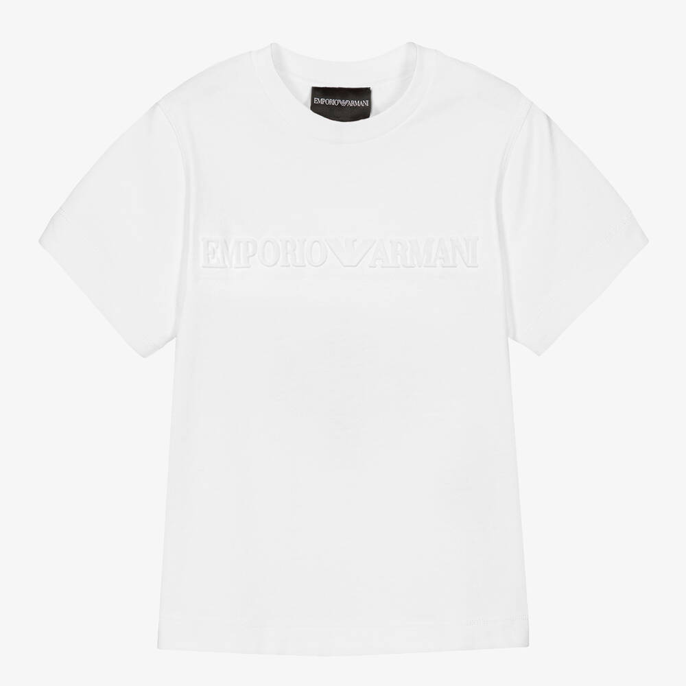 Emporio Armani - Белая хлопковая футболка с тисненым логотипом | Childrensalon