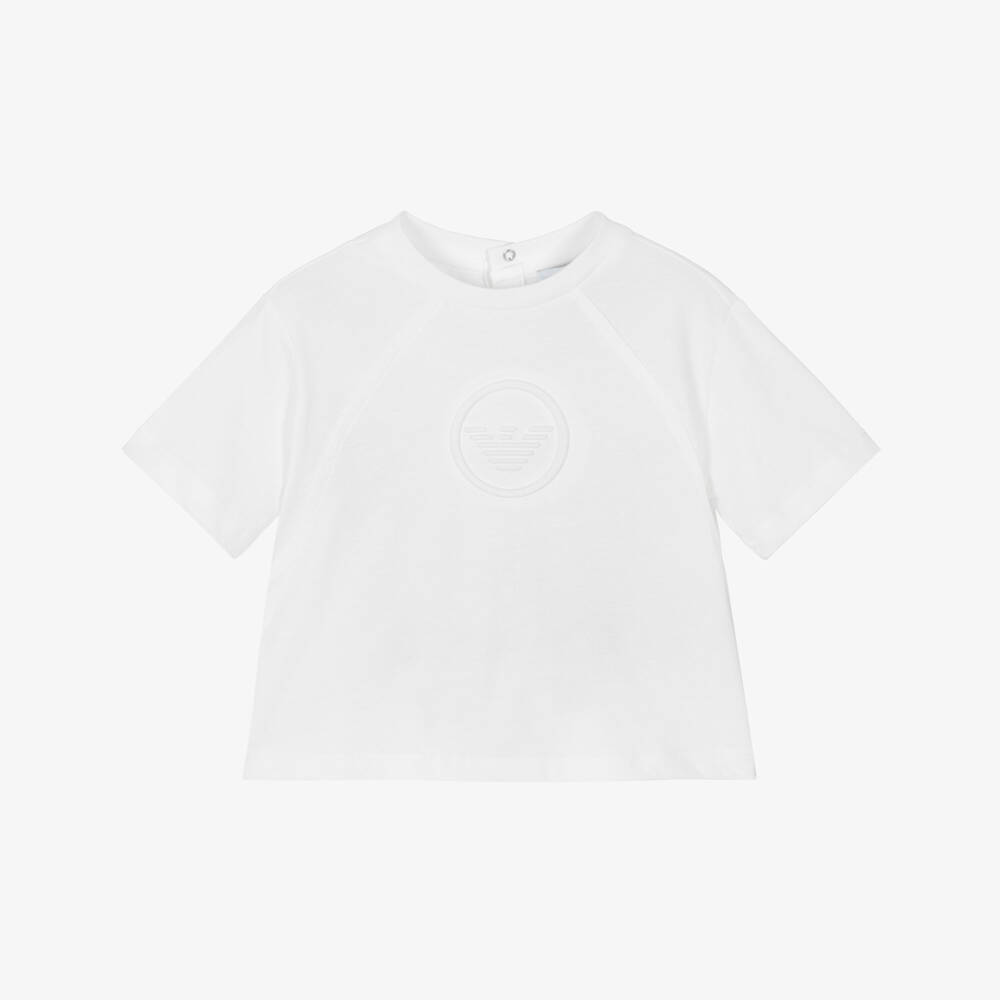 Emporio Armani-Boys White Cotton Embossed Logo T-Shirt | Childrensalon Outlet