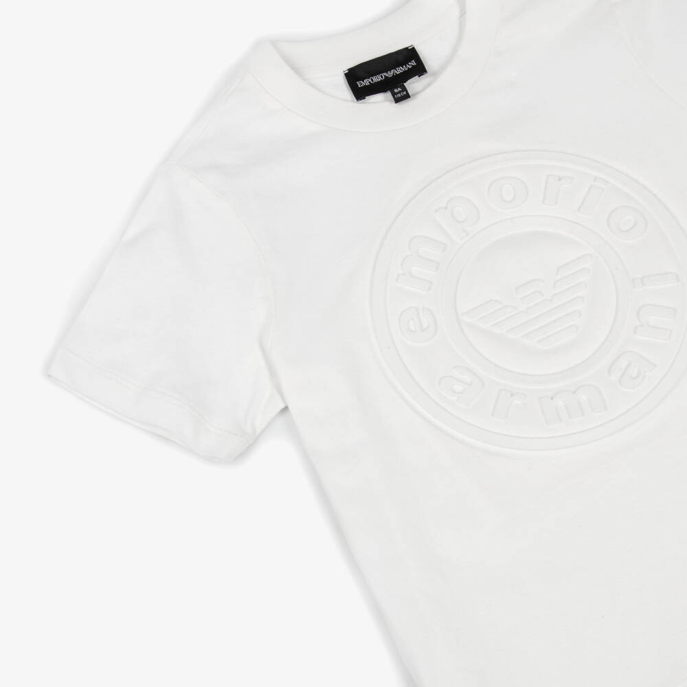 Emporio Armani-Boys White Cotton Embossed Logo T-Shirt | Childrensalon Outlet
