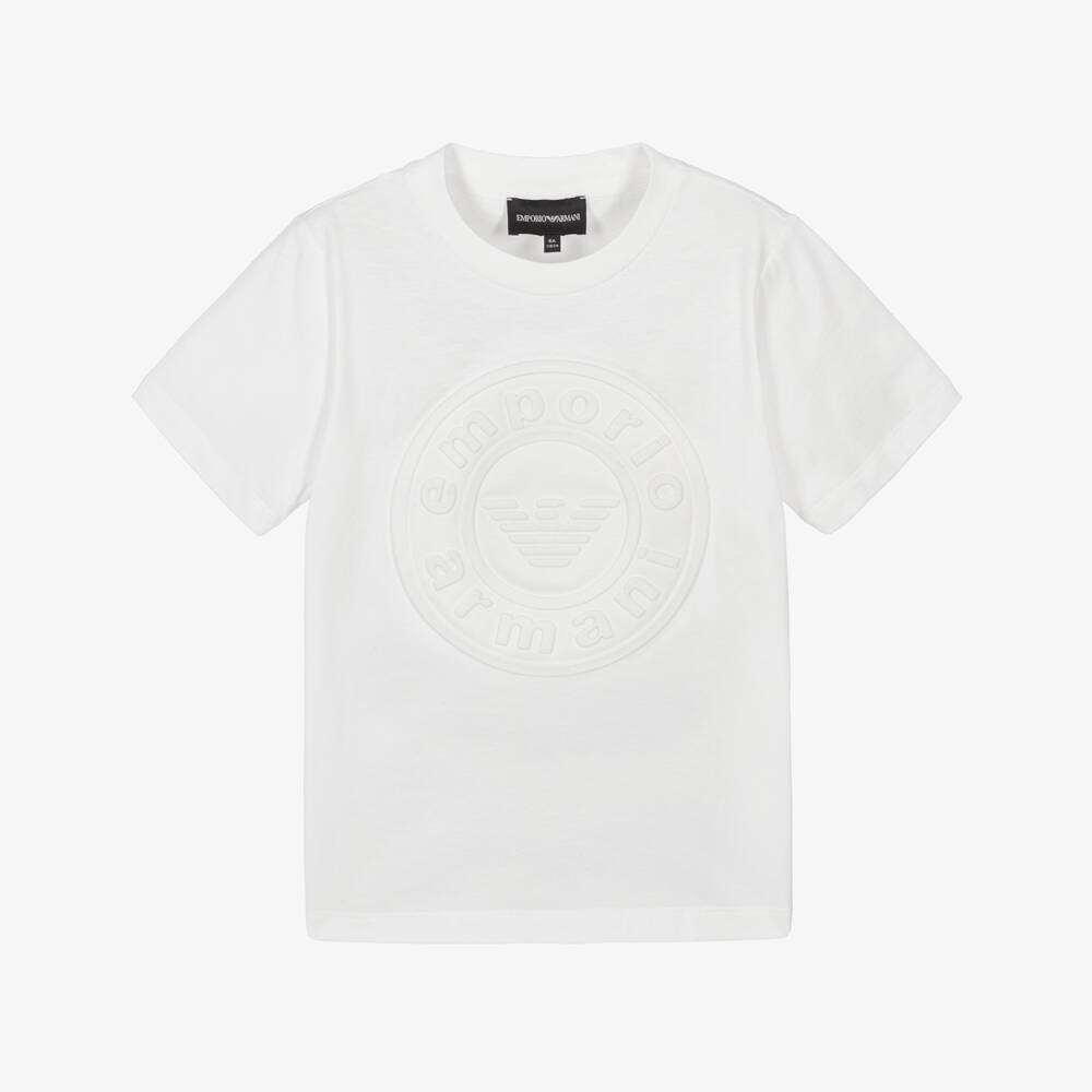 Emporio Armani-Boys White Cotton Embossed Logo T-Shirt | Childrensalon Outlet