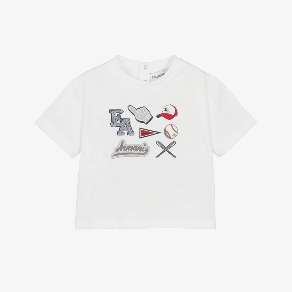 Emporio Armani-Boys White Cotton Jersey T-Shirt with Baseball Motifs | Childrensalon Outlet