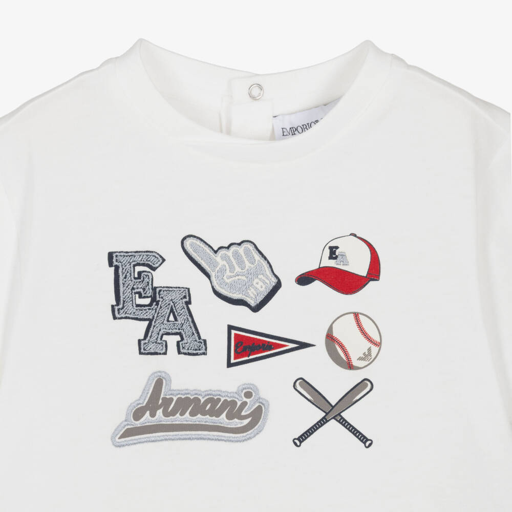 Emporio Armani-Boys White Cotton Jersey T-Shirt with Baseball Motifs | Childrensalon Outlet